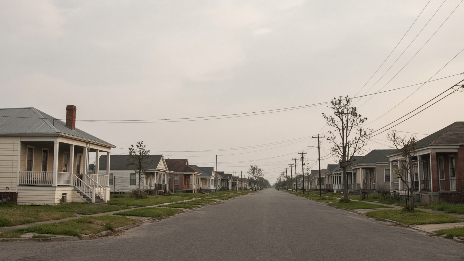 A New Orleans residential block with almost no mature tree canopy, pale sky over shotgun houses and open pavement.