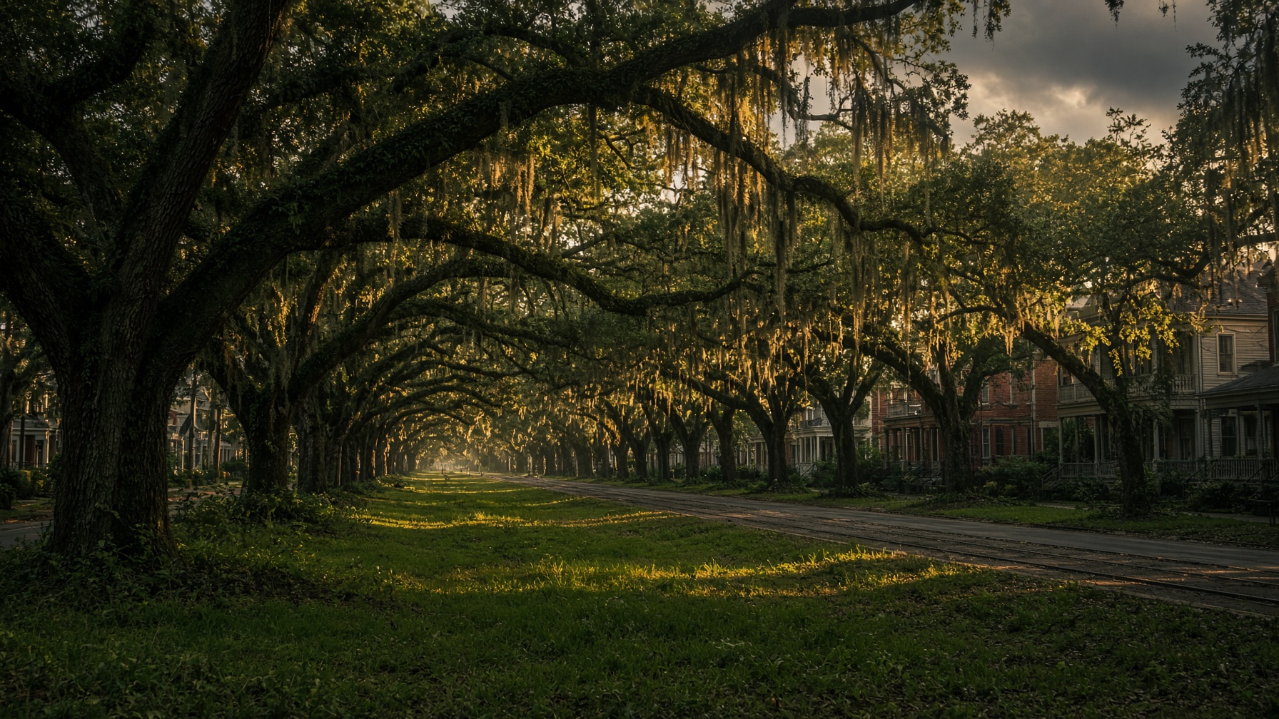 A New Orleans neutral ground lined with massive live oaks in golden storm light.